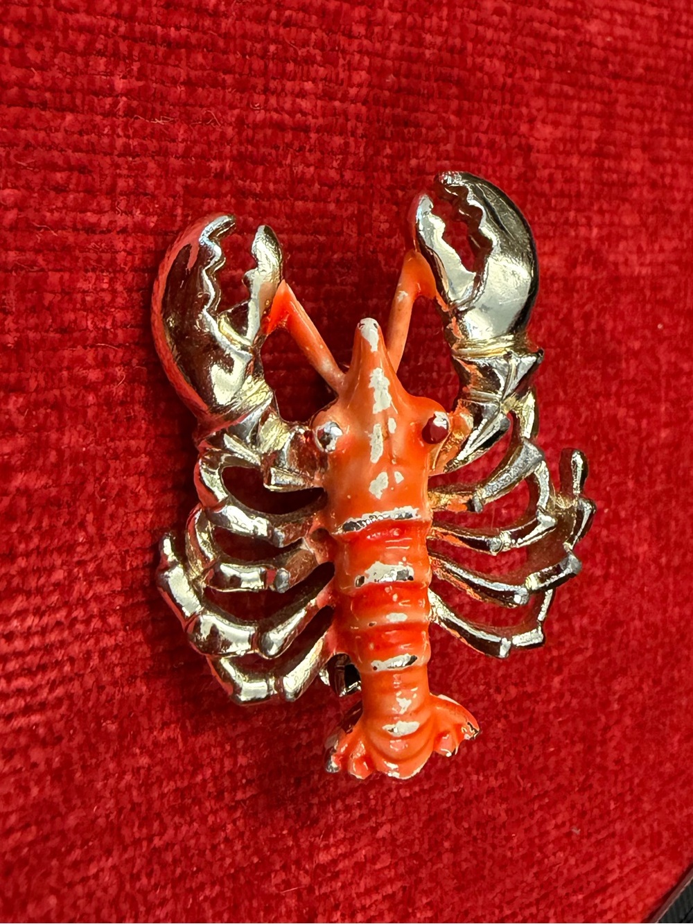 Vintage Pin Brooch Gold Toned Lobster With Orange Enamel